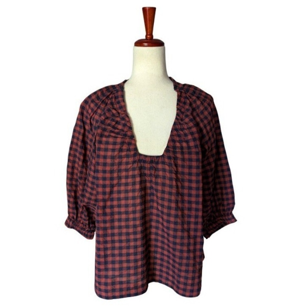 Never A Wallflower Womens Gingham Ruffle U-Neck Blouse Red Navy Blue Size M NWT - Picture 2 of 7